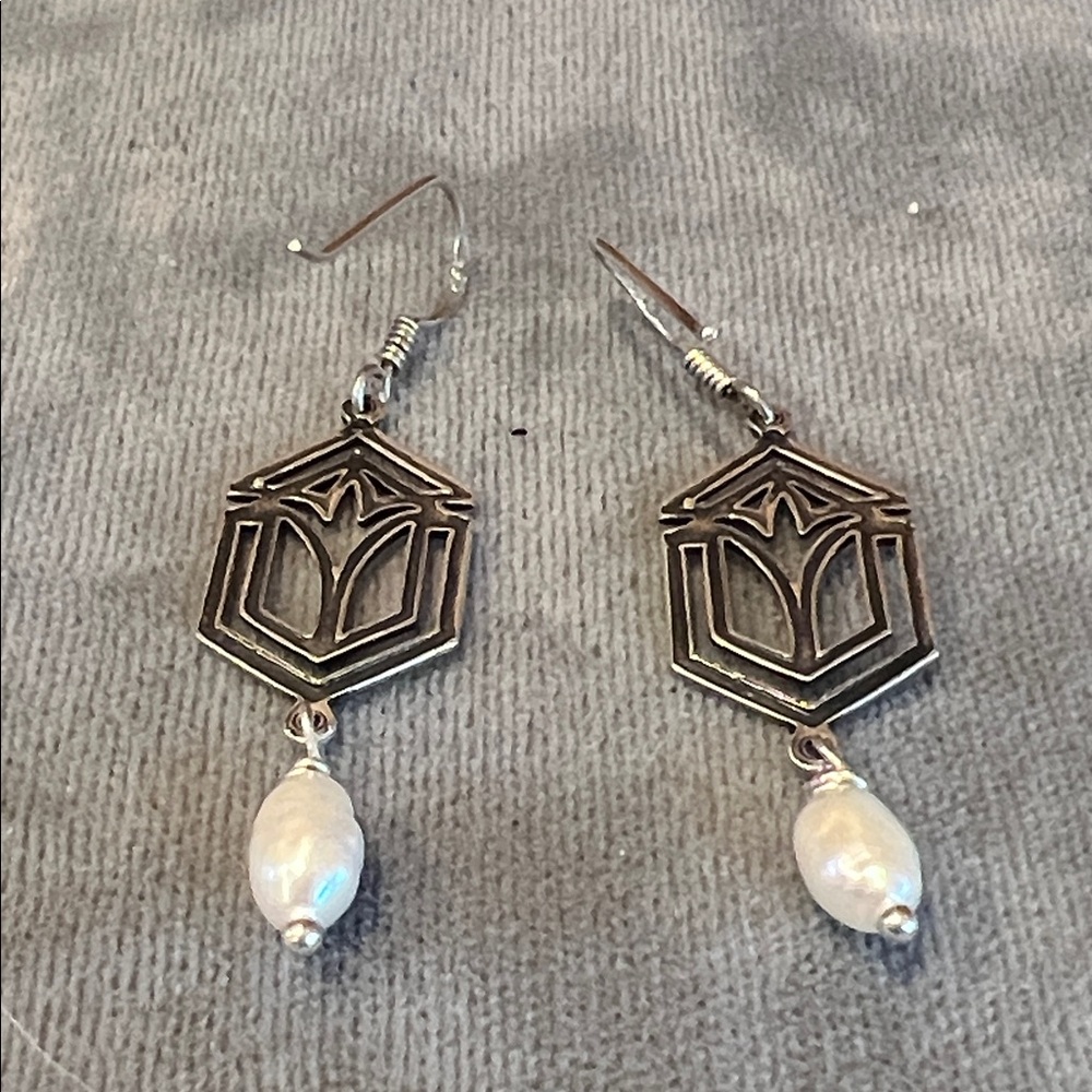 Art Deco inspired, oxidized Sterling 925 & freshwater pearl dangle earrings - Picture 8 of 8